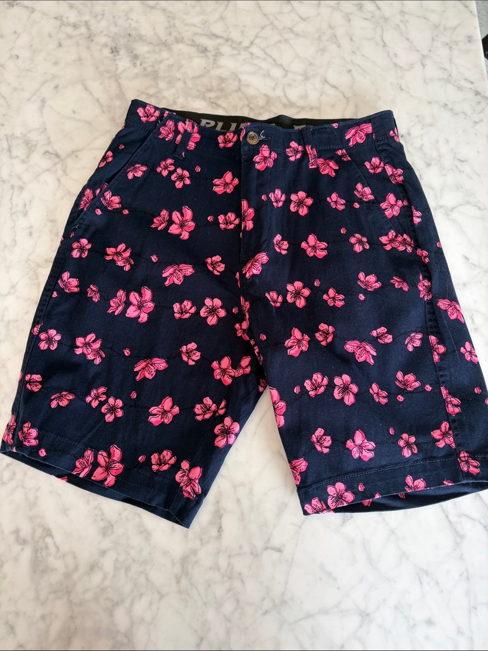 Men's Plugg Navy Floral Shorts with Pink Hibiscus Print Size 30